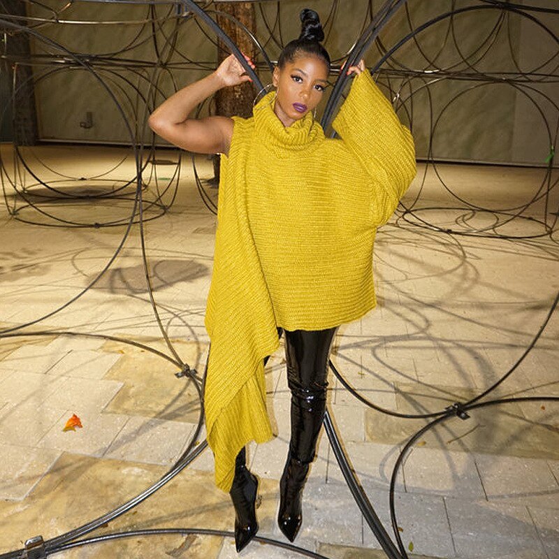 Trendy Asymmetrical Turtleneck Knit Sweater in Yellow