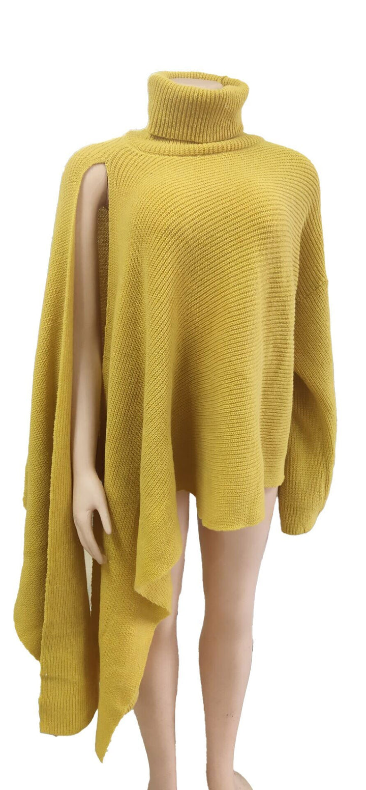One Sleeve Turtleneck Sweater Casual Oversize Knitted Pullover Street Sexy Party Sweater Top Yellow