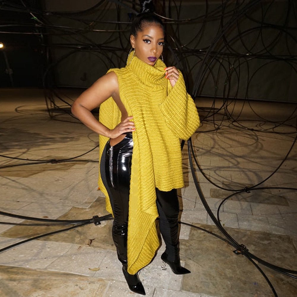 Trendy Asymmetrical Turtleneck Knit Sweater in Yellow