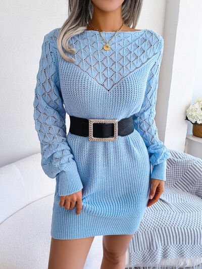 Elegant Boat Neck Openwork Sweater Dress