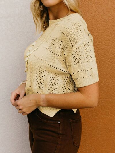 Elegant Openwork Knit Top with Short Sleeves and Round Neck