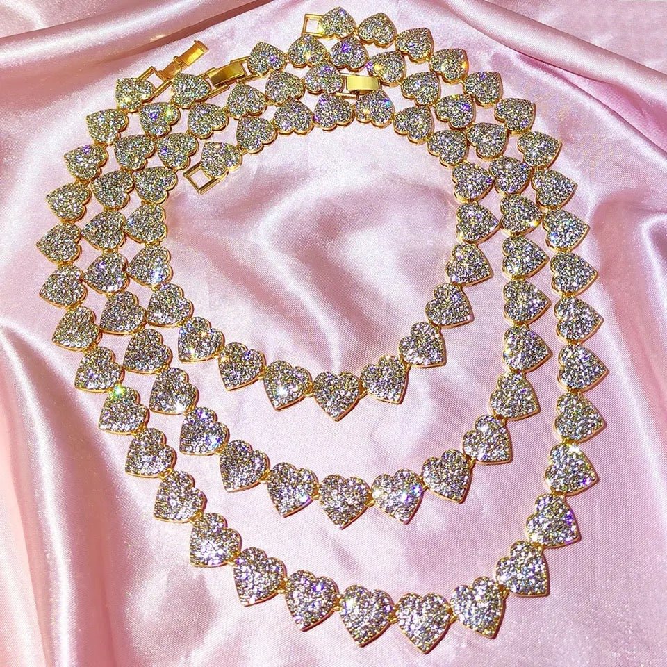 Opulent Crystal Heart Link Cuban Choker Necklace Set Featuring Sparkling Rhinestone Bling For Womens Fashion Jewelry