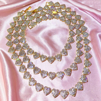 Opulent Crystal Heart Link Cuban Choker Necklace Set Featuring Sparkling Rhinestone Bling For Womens Fashion Jewelry