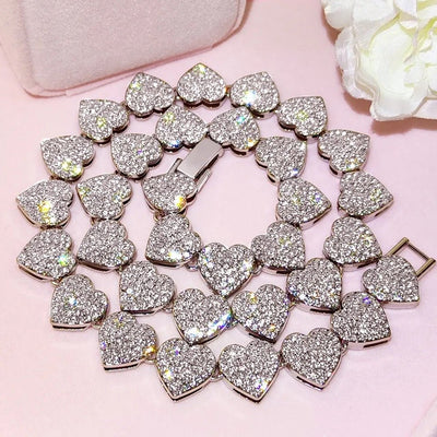 Opulent Crystal Heart Link Cuban Choker Necklace Set Featuring Sparkling Rhinestone Bling For Womens Fashion Jewelry