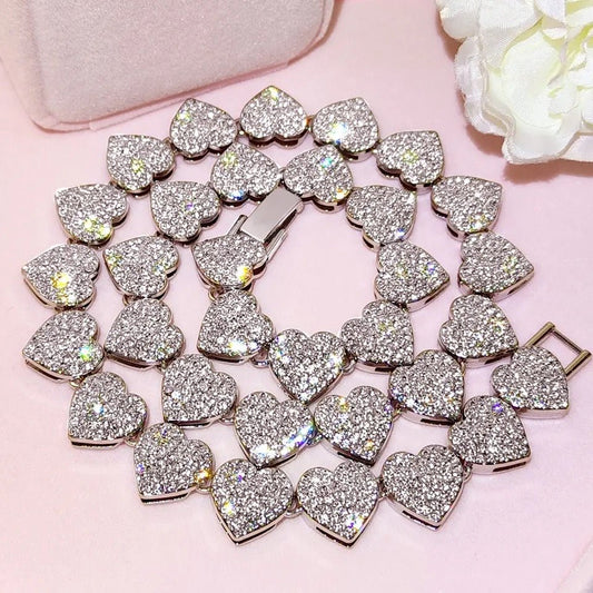 Opulent Crystal Heart Link Cuban Choker Necklace Set Featuring Sparkling Rhinestone Bling For Womens Fashion Jewelry