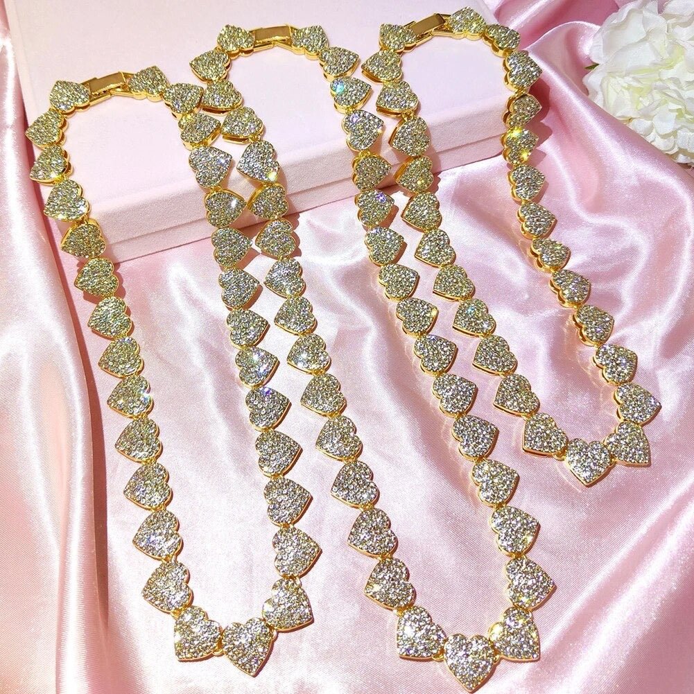 Opulent Crystal Heart Link Cuban Choker Necklace Set Featuring Sparkling Rhinestone Bling For Womens Fashion Jewelry