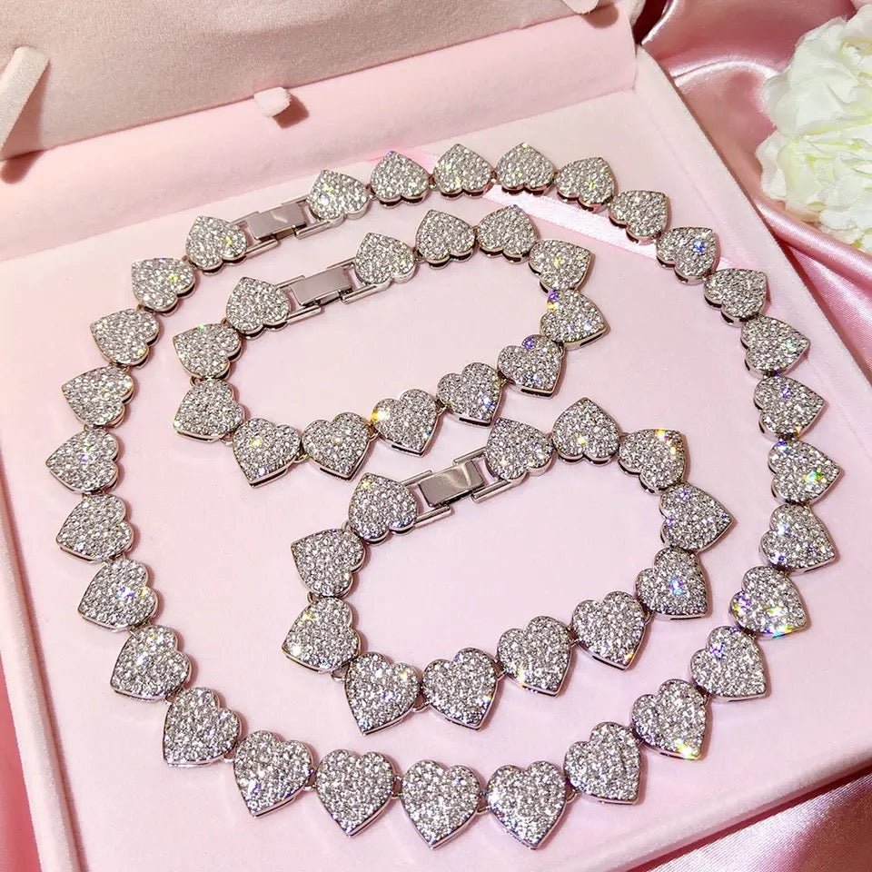 Opulent Crystal Heart Link Cuban Choker Necklace Set Featuring Sparkling Rhinestone Bling For Womens Fashion Jewelry