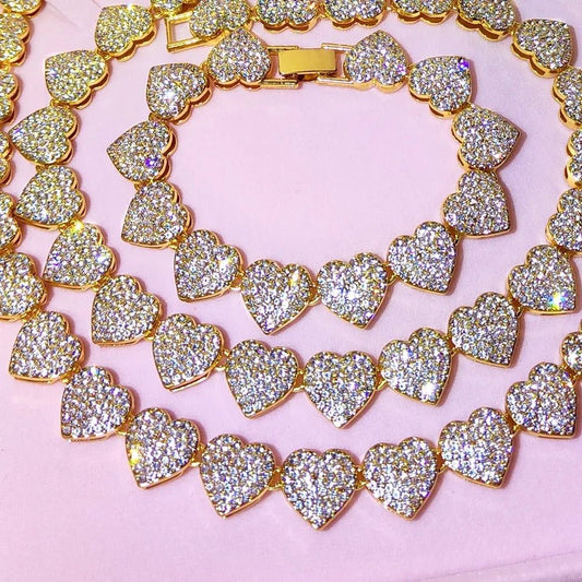 Opulent Crystal Heart Link Cuban Choker Necklace Set Featuring Sparkling Rhinestone Bling For Womens Fashion Jewelry