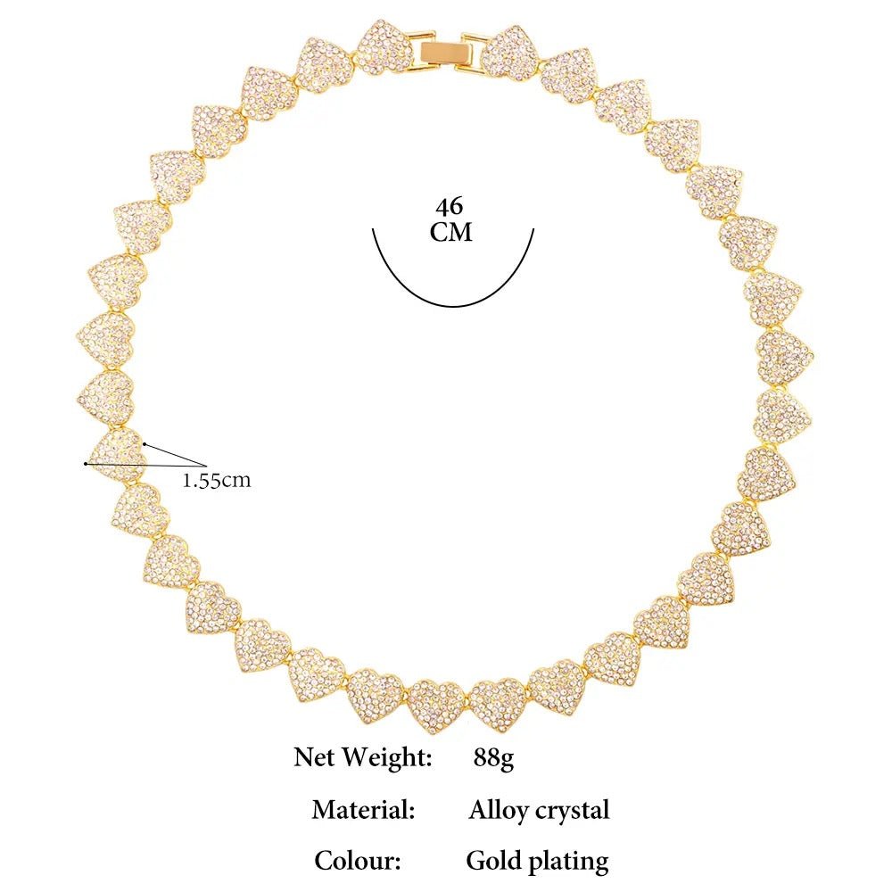 Opulent Crystal Heart Link Cuban Choker Necklace Set Featuring Sparkling Rhinestone Bling For Womens Fashion Jewelry