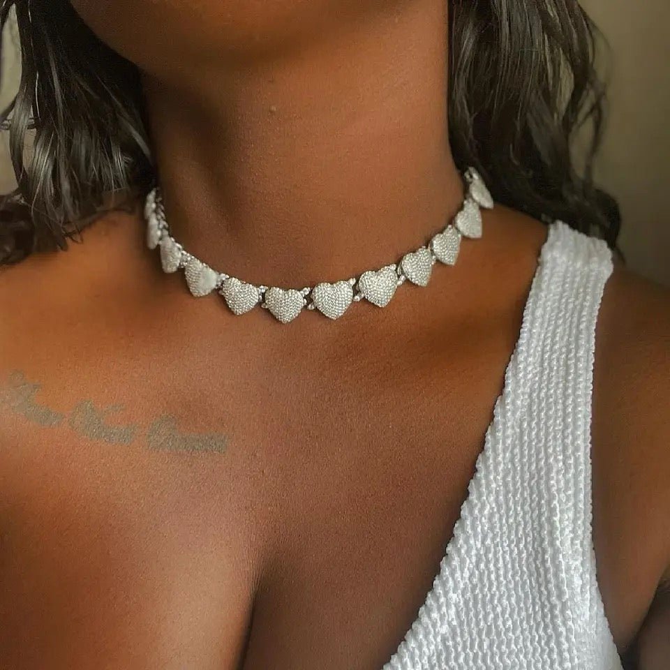 "Opulent Crystal Heart Link Cuban Choker Necklace Set - Sparkling Rhinestone Bling for Women's Fashion"