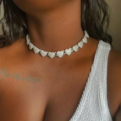 Opulent Crystal Heart Link Cuban Choker Necklace Set Featuring Sparkling Rhinestone Bling For Womens Fashion Jewelry