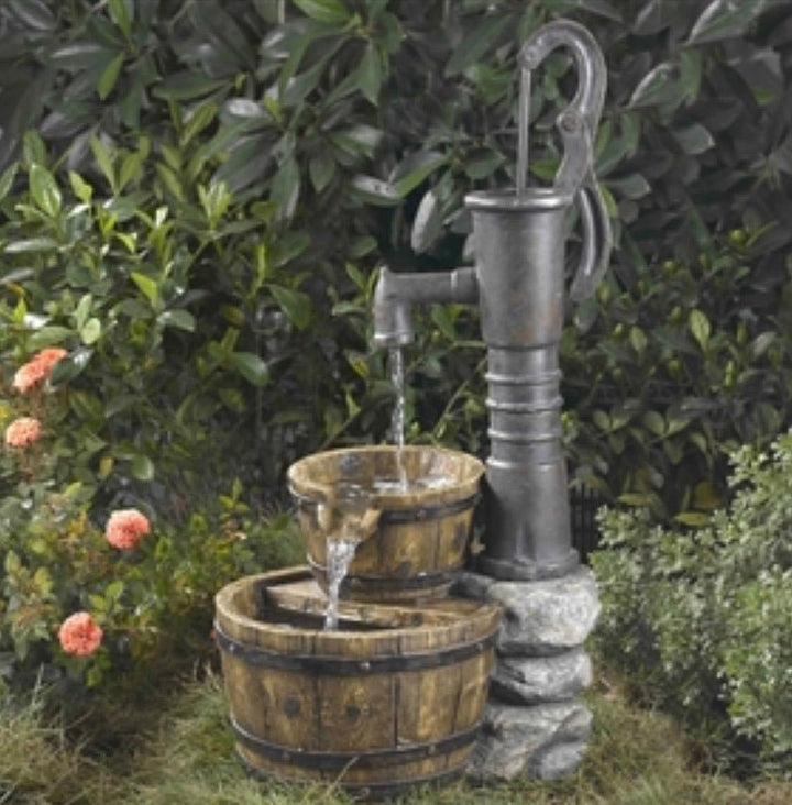 Outdoor Water Pump Half Whiskey Barrel Style Water Fountain