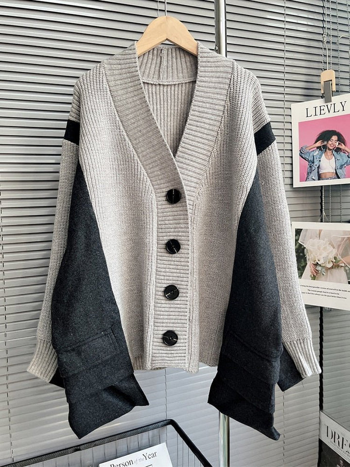 Autumn Chic Colorblock V Neck Knit Sweater for Women