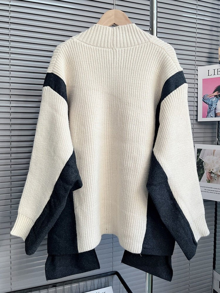 Autumn Chic Colorblock V Neck Knit Sweater for Women