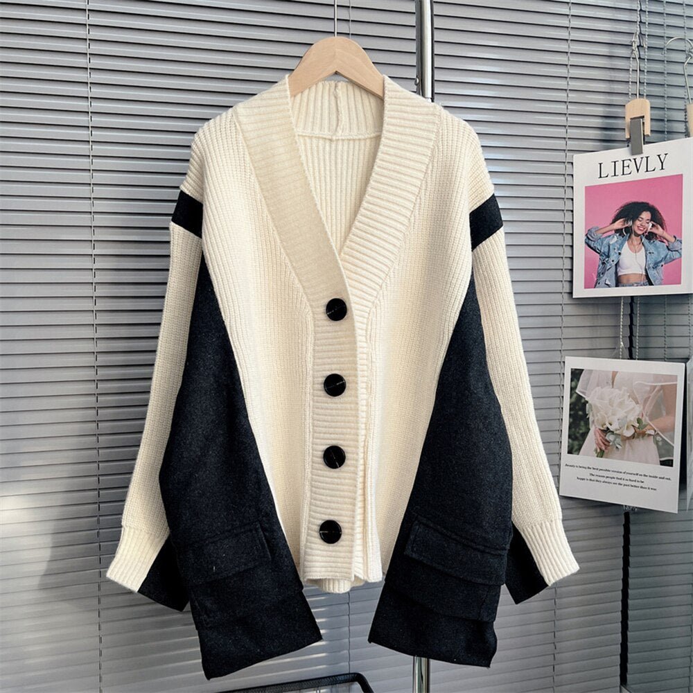 Autumn Chic Colorblock V Neck Knit Sweater for Women