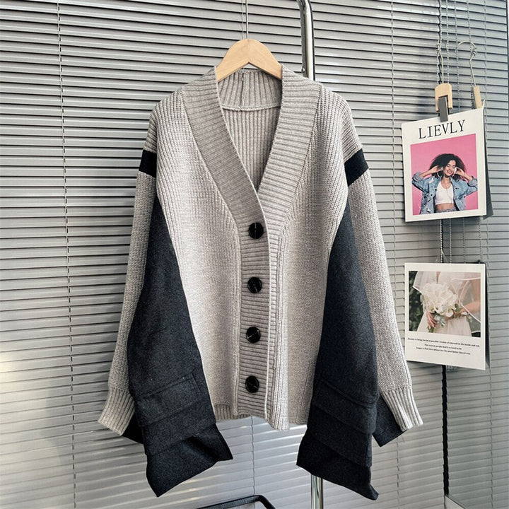 Autumn Chic Colorblock V Neck Knit Sweater for Women