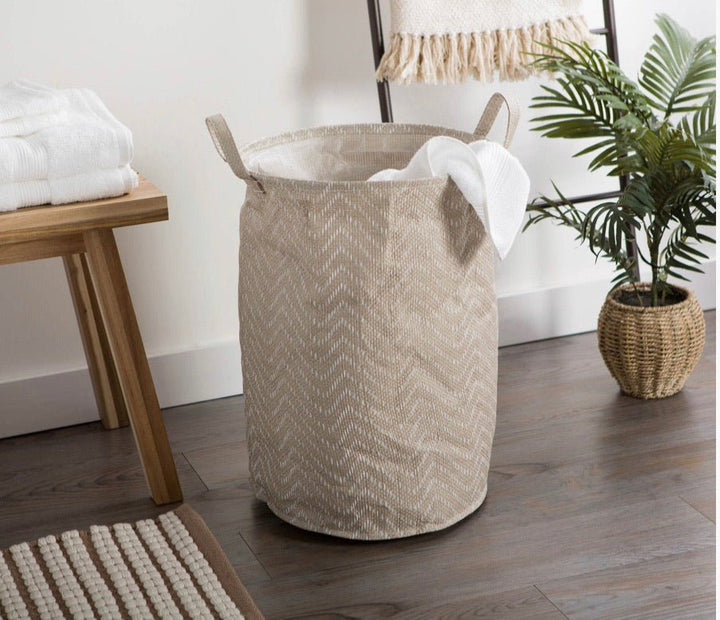 PE Coated Woven Paper Laundry Hamper Tribal Chevron Stone/Cream Round 13.75X13.75X20