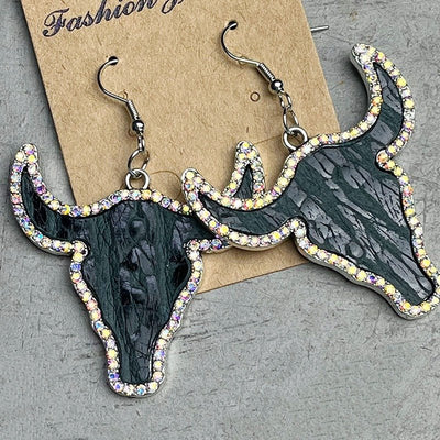 Personalized Vintage Embossed Earrings National Style Textured Diamond Embedding Shiny Cowhead Earrings