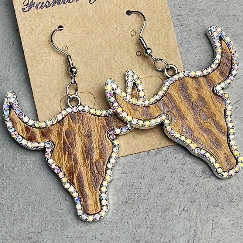 Personalized Vintage Embossed Earrings National Style Textured Diamond Embedding Shiny Cowhead Earrings