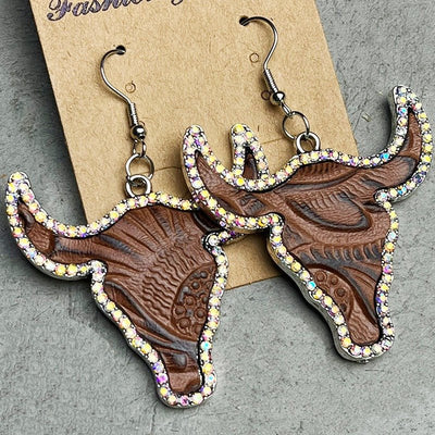 Personalized Vintage Embossed Earrings National Style Textured Diamond Embedding Shiny Cowhead Earrings