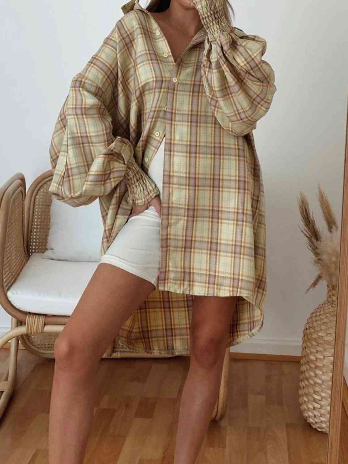 Stylish Checkered Lantern Sleeve Top for Trendy Fashion