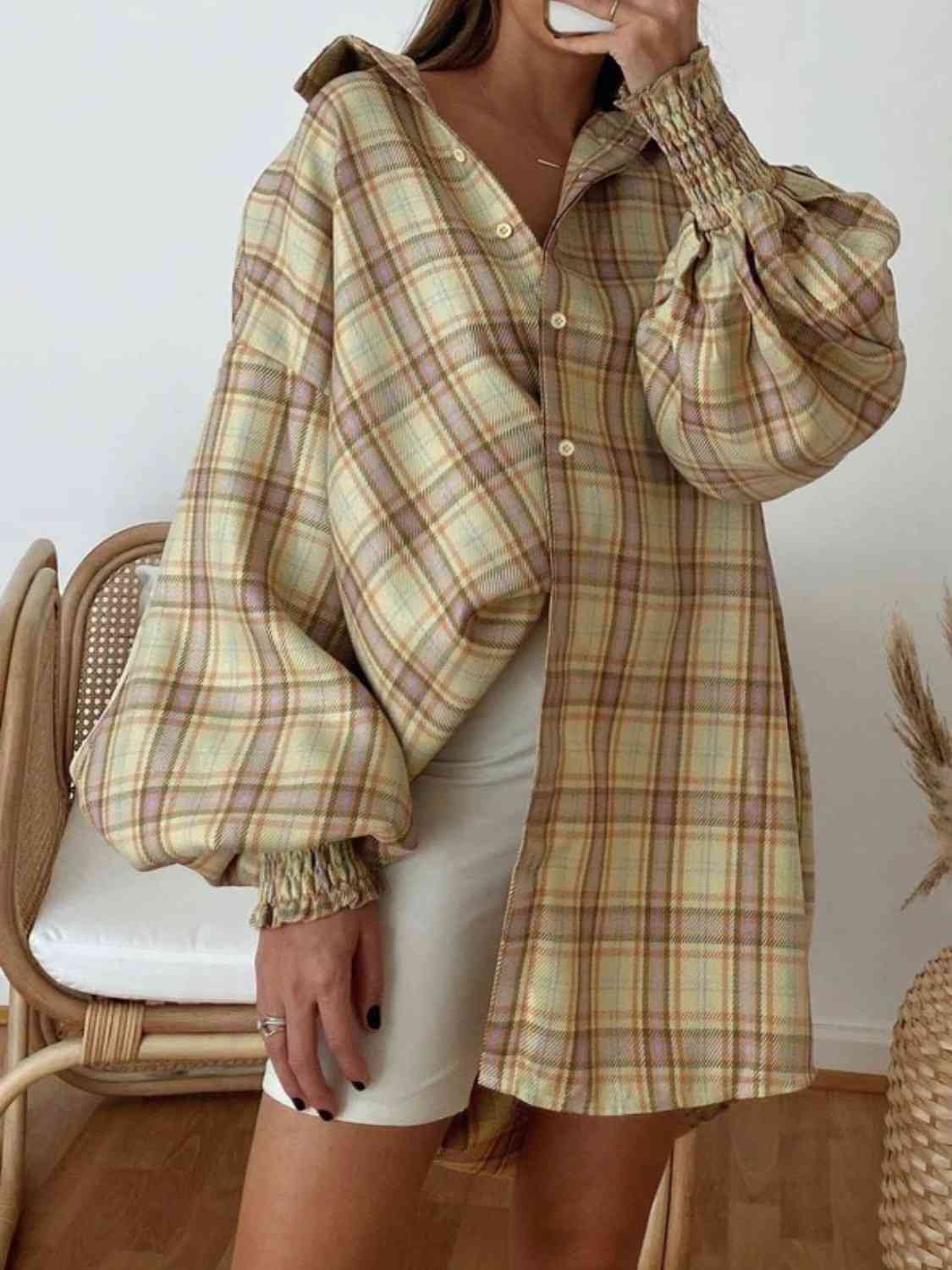Stylish Checkered Lantern Sleeve Top for Trendy Fashion