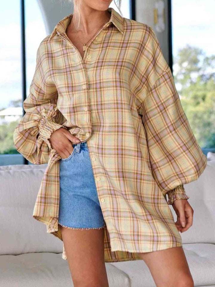 Stylish Checkered Lantern Sleeve Top