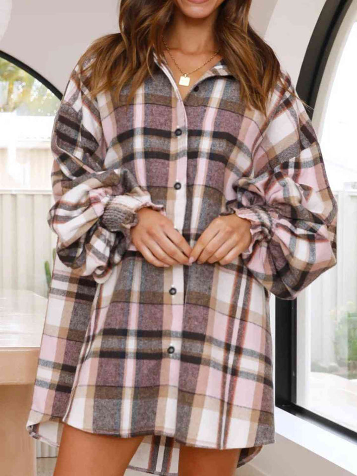 Stylish Checkered Lantern Sleeve Top