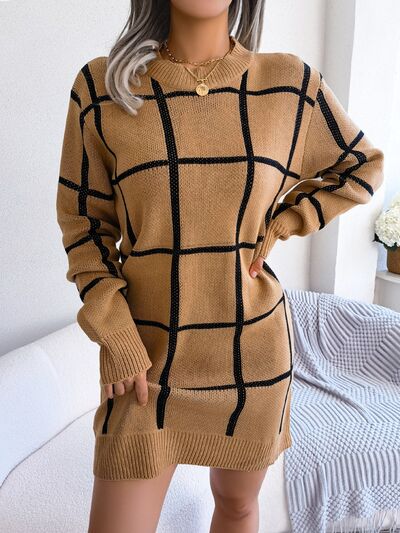 Chic Plaid Knit Sweater Dress with Dropped Shoulders Fashion