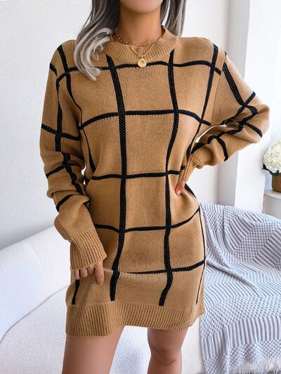 Chic Plaid Knit Sweater Dress with Dropped Shoulders