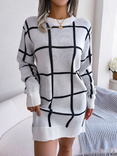 Chic Plaid Knit Sweater Dress with Dropped Shoulders Fashion