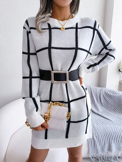 Chic Plaid Knit Sweater Dress with Dropped Shoulders Fashion