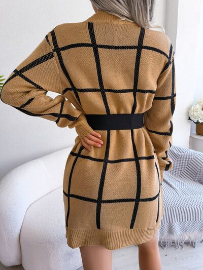 Chic Plaid Knit Sweater Dress with Dropped Shoulders Fashion