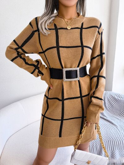 Chic Plaid Knit Sweater Dress with Dropped Shoulders Fashion