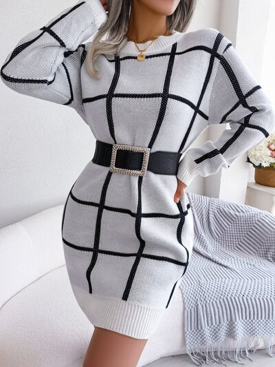 Chic Plaid Knit Sweater Dress with Dropped Shoulders Fashion