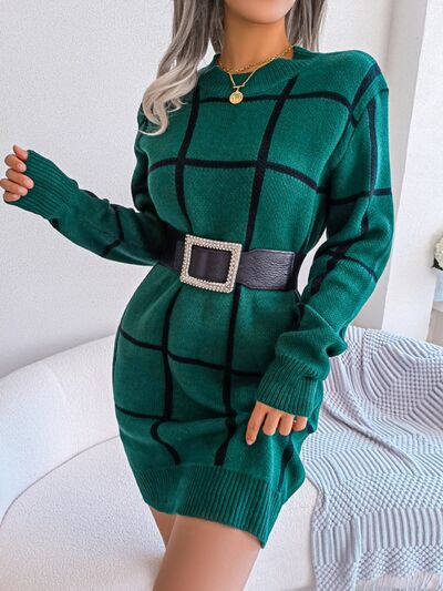Chic Plaid Knit Sweater Dress with Dropped Shoulders Fashion