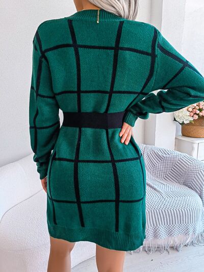 Chic Plaid Knit Sweater Dress with Dropped Shoulders Fashion