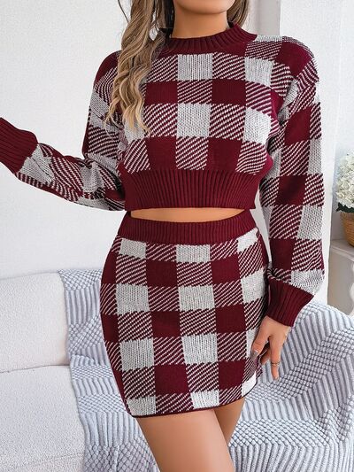 Chic Plaid Sweater Top and Skirt Set