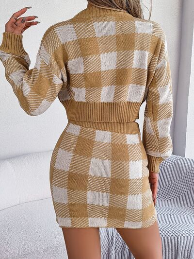 Chic Plaid Sweater Top and Skirt Set