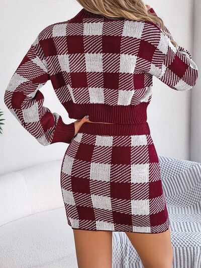 Chic Plaid Sweater Top and Skirt Set