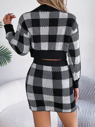 Chic Plaid Sweater Top and Skirt Set