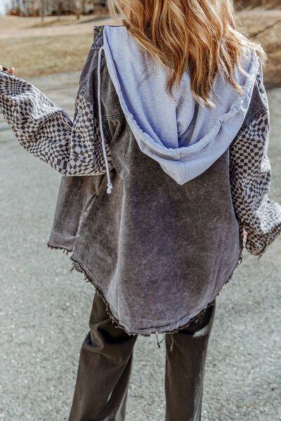 Chic Plaid Hooded Jacket with Adjustable Drawstring and Raw Hem