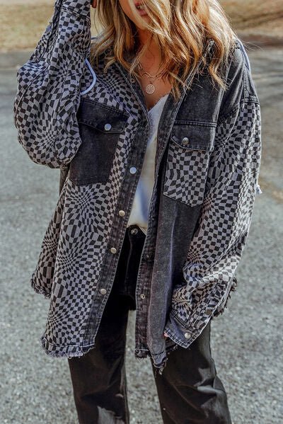 Chic Plaid Hooded Jacket with Adjustable Drawstring and Raw Hem