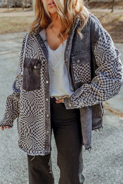 Chic Plaid Hooded Jacket with Adjustable Drawstring and Raw Hem