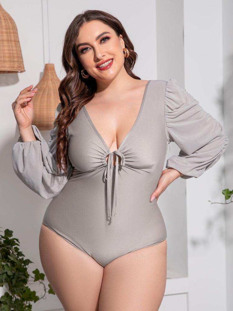 Plus Size Tied Deep V Balloon Sleeve One-Piece Swimsuit