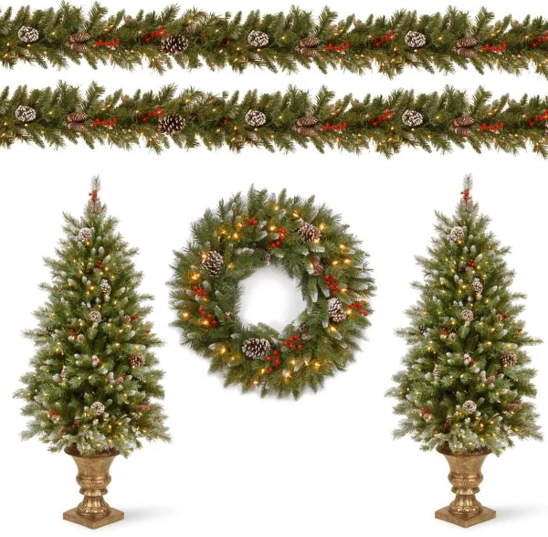 Pre-Lit Frosted Tree, Wreath, and Garland set