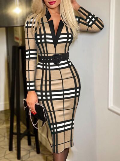 Stylish Notched Long Sleeve Printed Wrap Dress