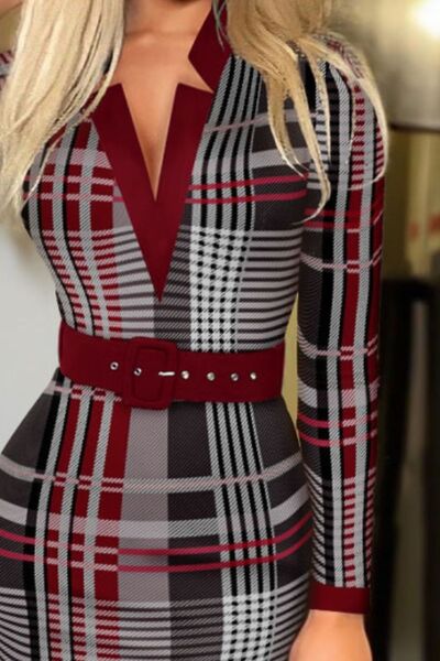 Stylish Notched Long Sleeve Printed Wrap Dress