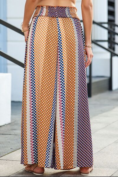 Chic Smocked Palazzo Pants with Vibrant Print and Comfortable Wide Waistband