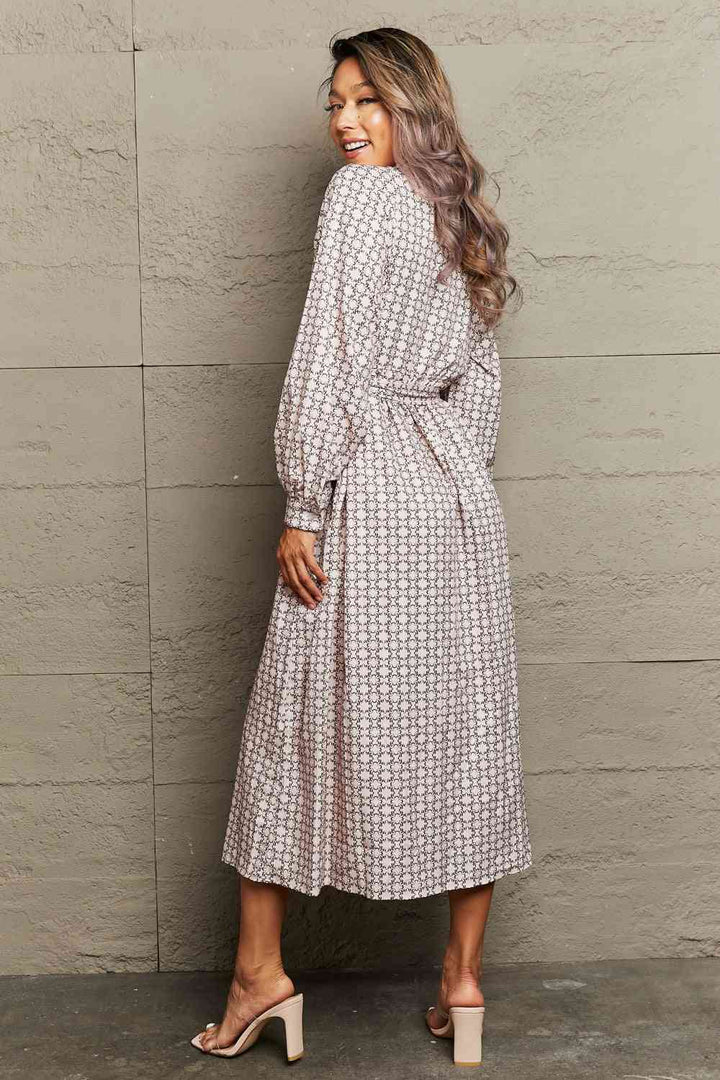 Floral A-Line Midi Dress with Adjustable Tie Waist and Long Sleeves